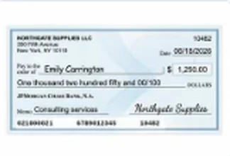 Front of a business check from Northgate Supplies LLC for $1,250.00, read by Check EFI