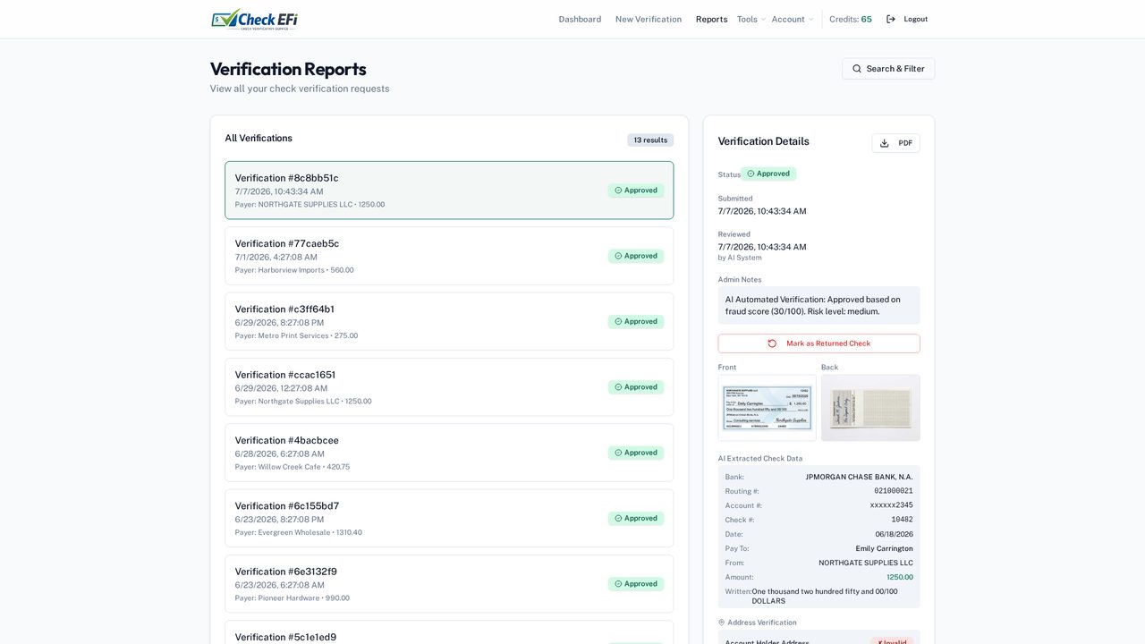 Check EFI demo video poster showing an approved check verification report