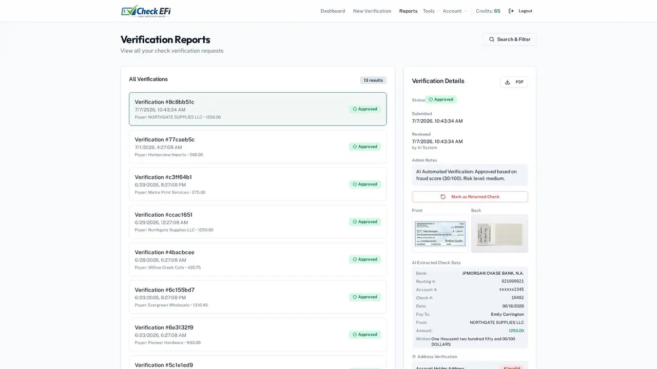 Check EFI demo video poster showing an approved check verification report