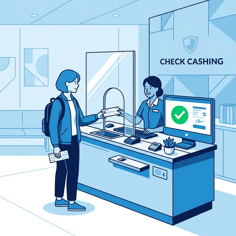 Illustration of a check cashing store counter where a clerk verifies a customer's check