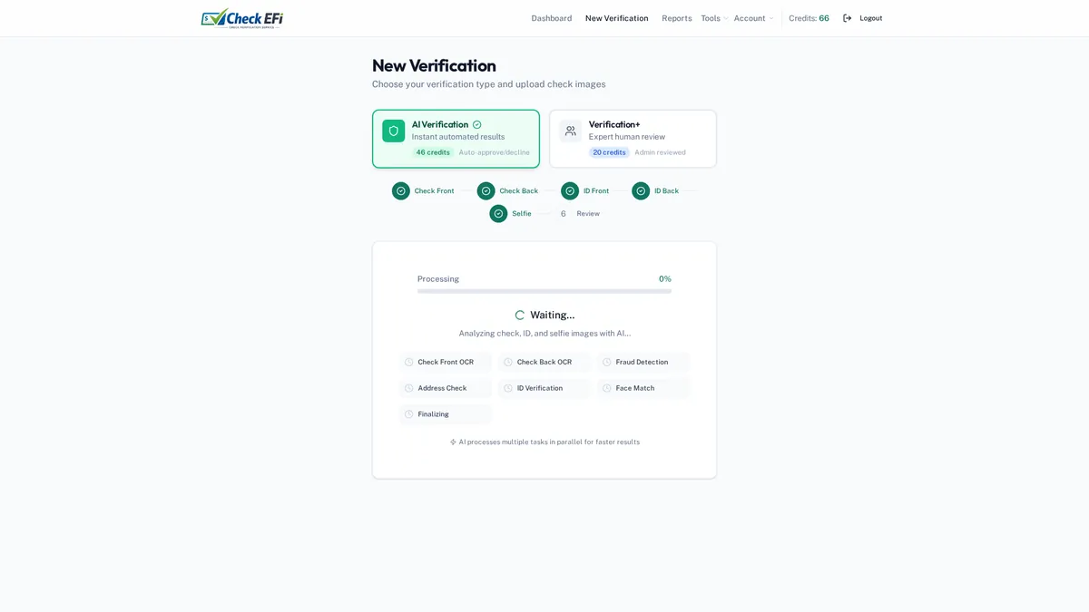 Check EFI verification progress screen showing OCR, routing validation, fraud analysis and OFAC screening steps completing