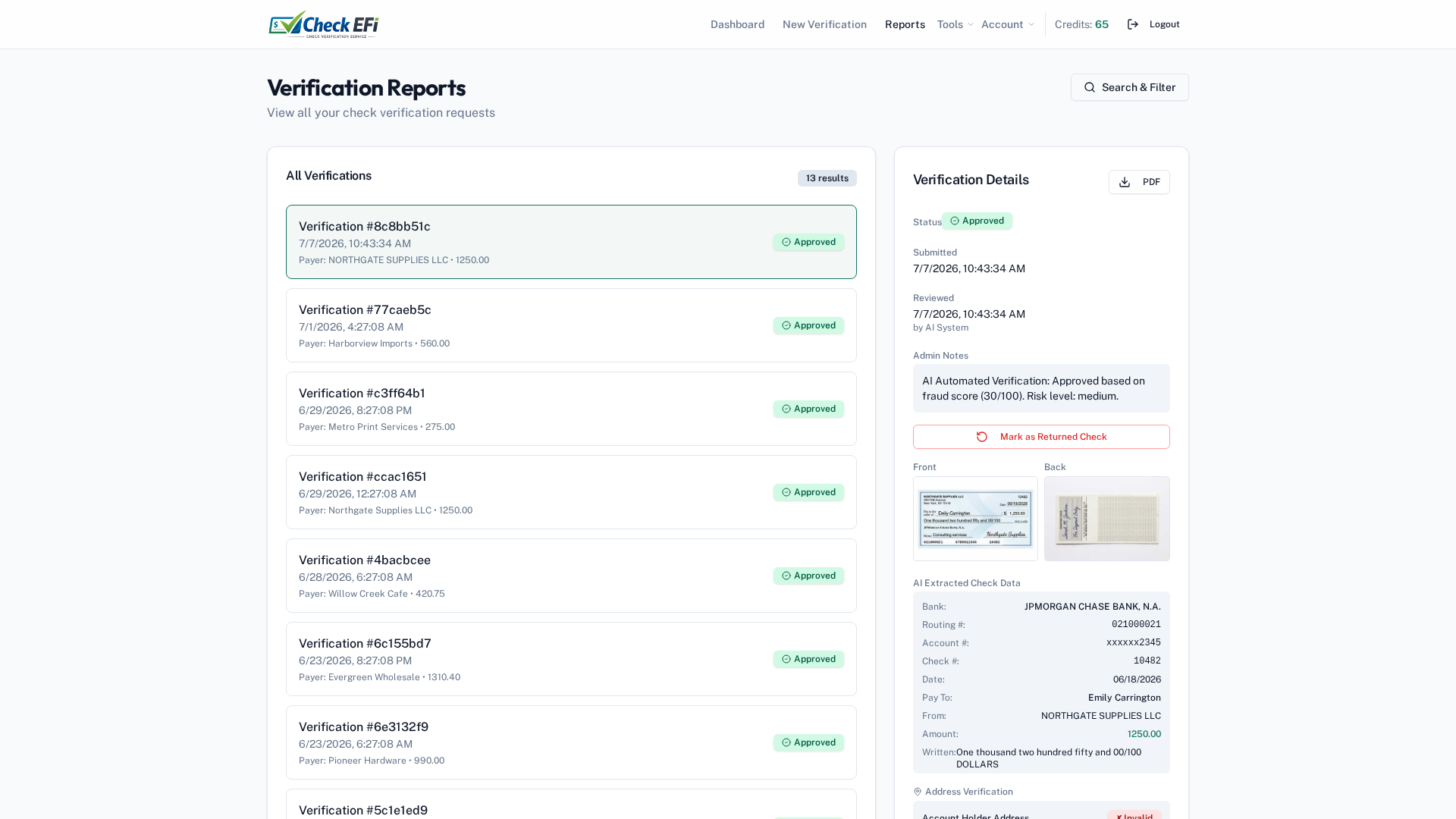 Check EFI verification result screen showing an approved check, a fraud score of 30 out of 100, and the extracted payer, amount and routing data