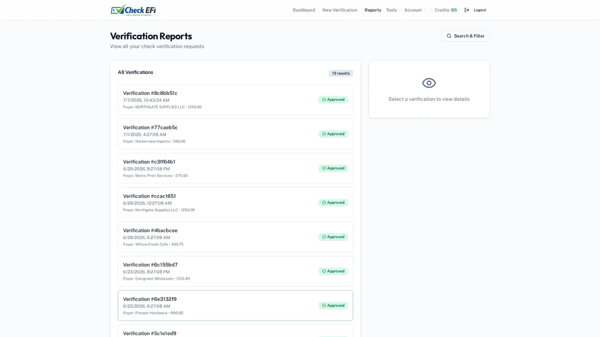 Check EFI reports list showing verification history with status, fraud score and amount for each check