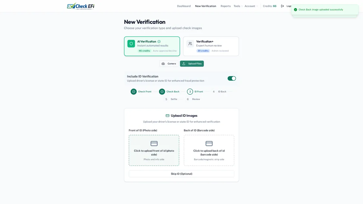 Check EFI upload screen with drag-and-drop areas for the front and back of a check